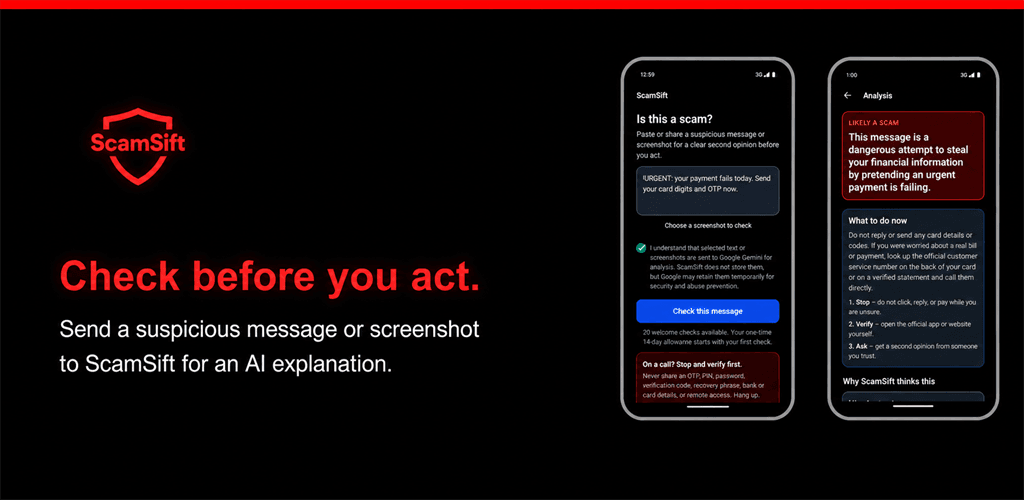ScamSift banner showing a suspicious-message check and an explained analysis
