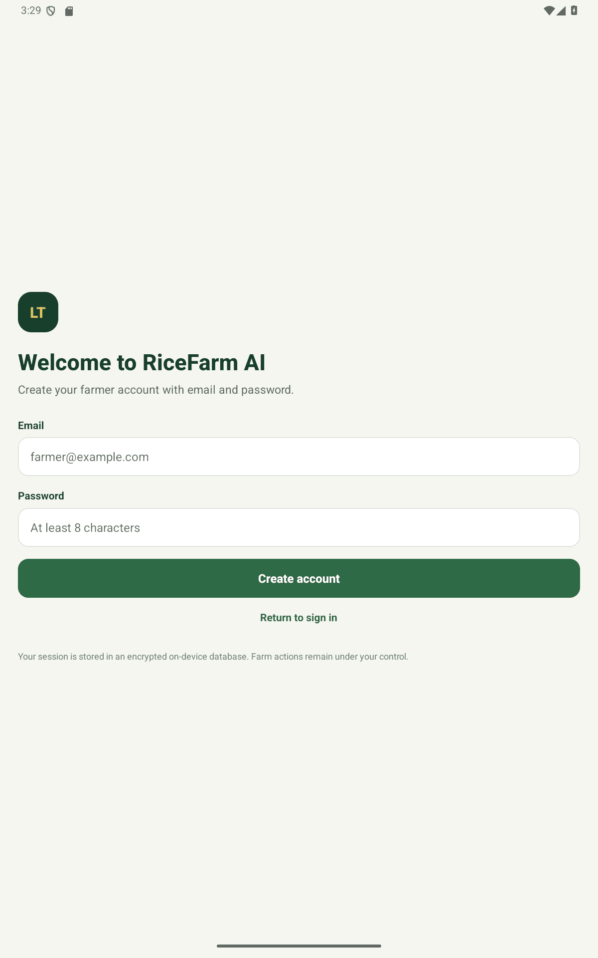 RiceFarm AI Android farmer account creation screen