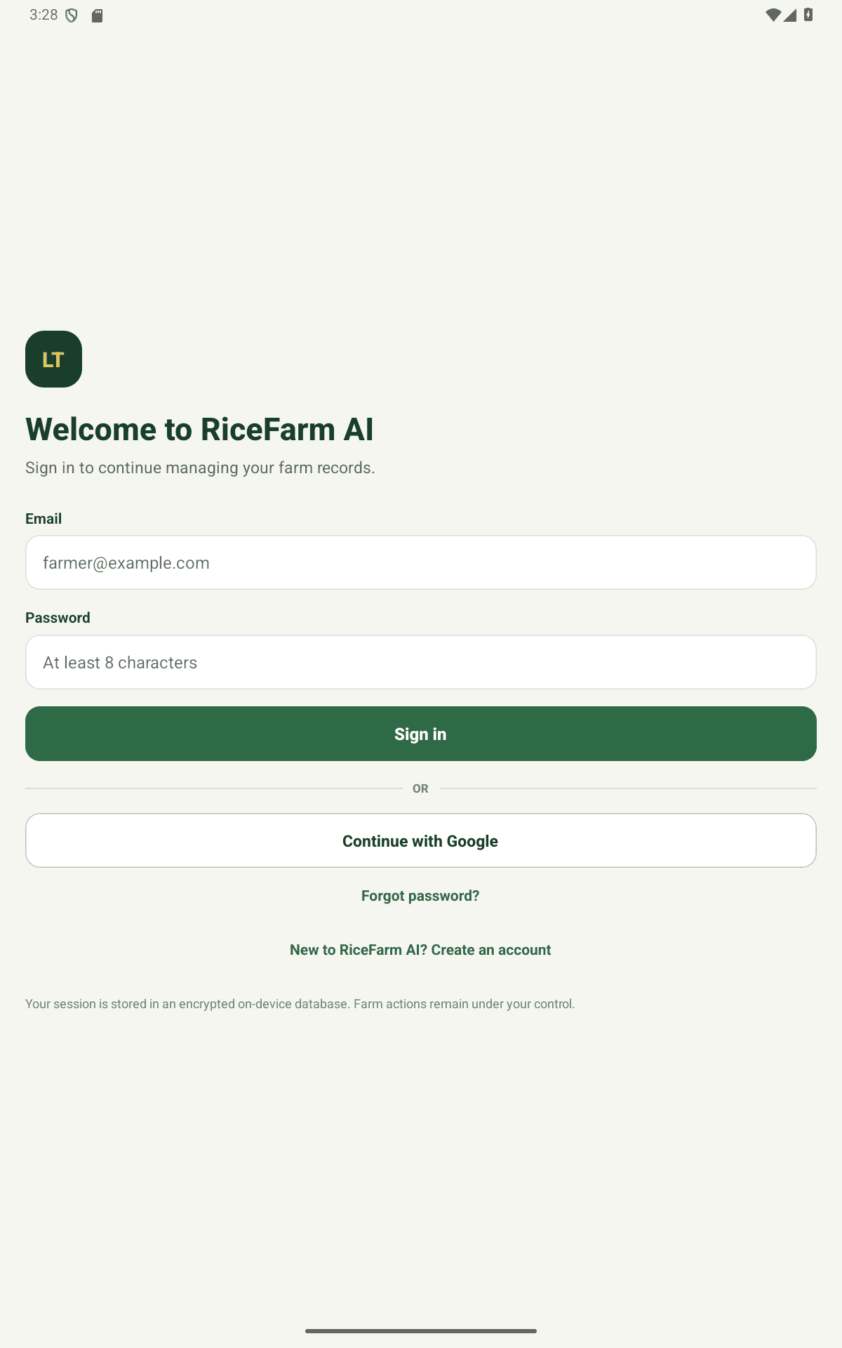 RiceFarm AI Android sign-in screen