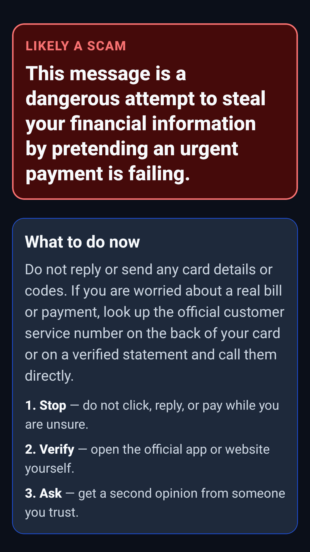Historical ScamSift analysis screen showing a possible scam warning and guidance on what to do next.