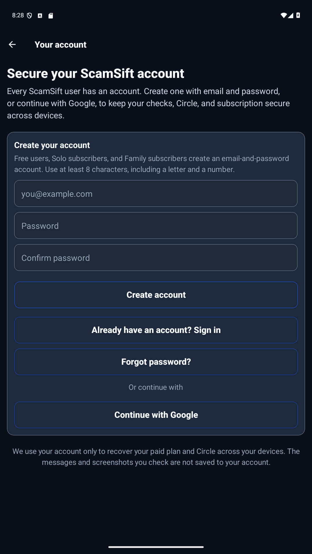 Historical ScamSift build 11 account screen with email and Google sign-in choices