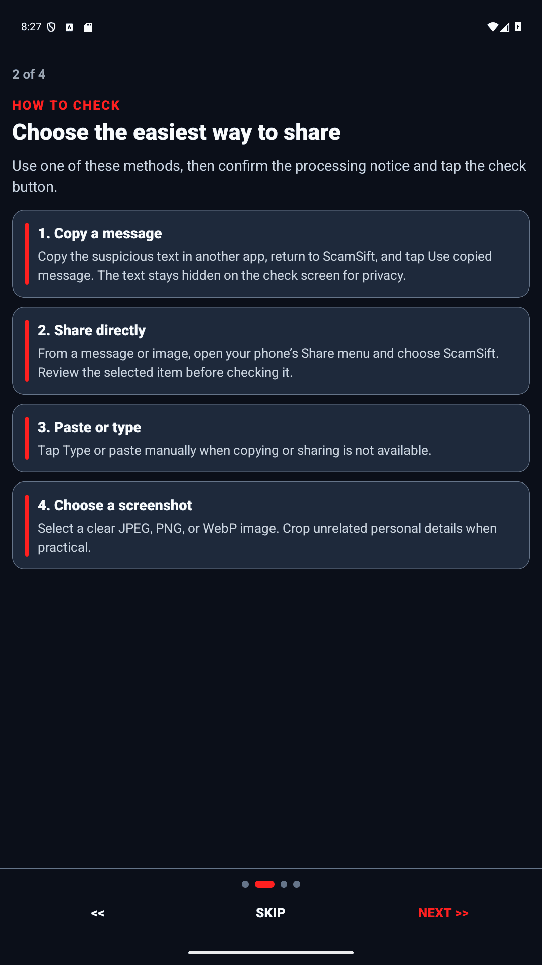 Historical ScamSift build 11 screen with copy, share, paste, and screenshot check methods