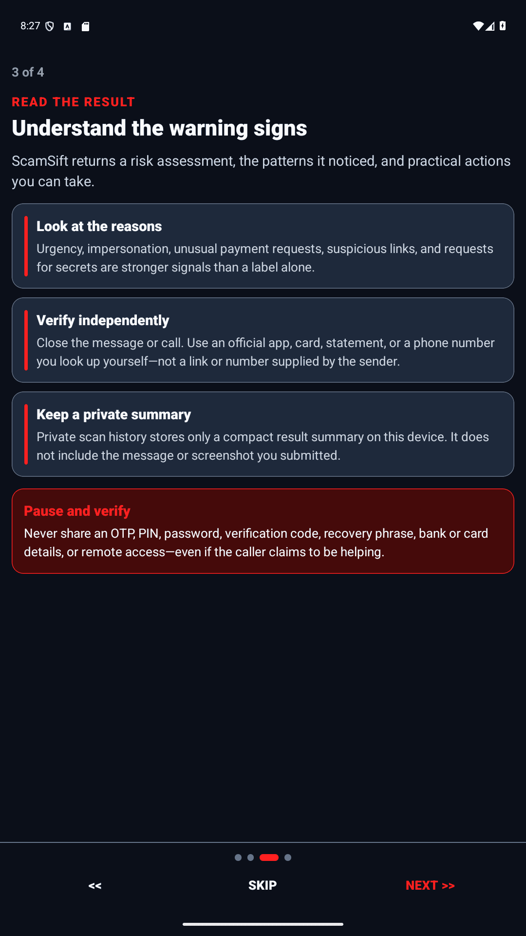 Historical ScamSift build 11 screen explaining common scam warning signs