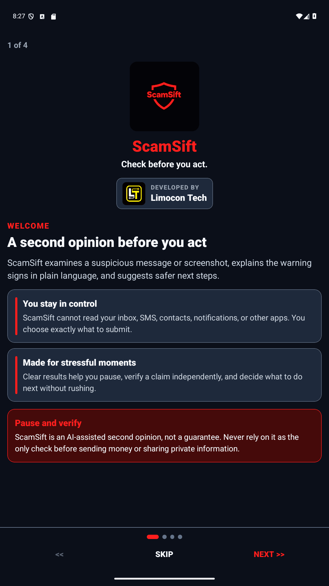 Historical ScamSift build 11 welcome screen with the red shield logo, Limocon Tech branding, and an introduction to checking suspicious messages