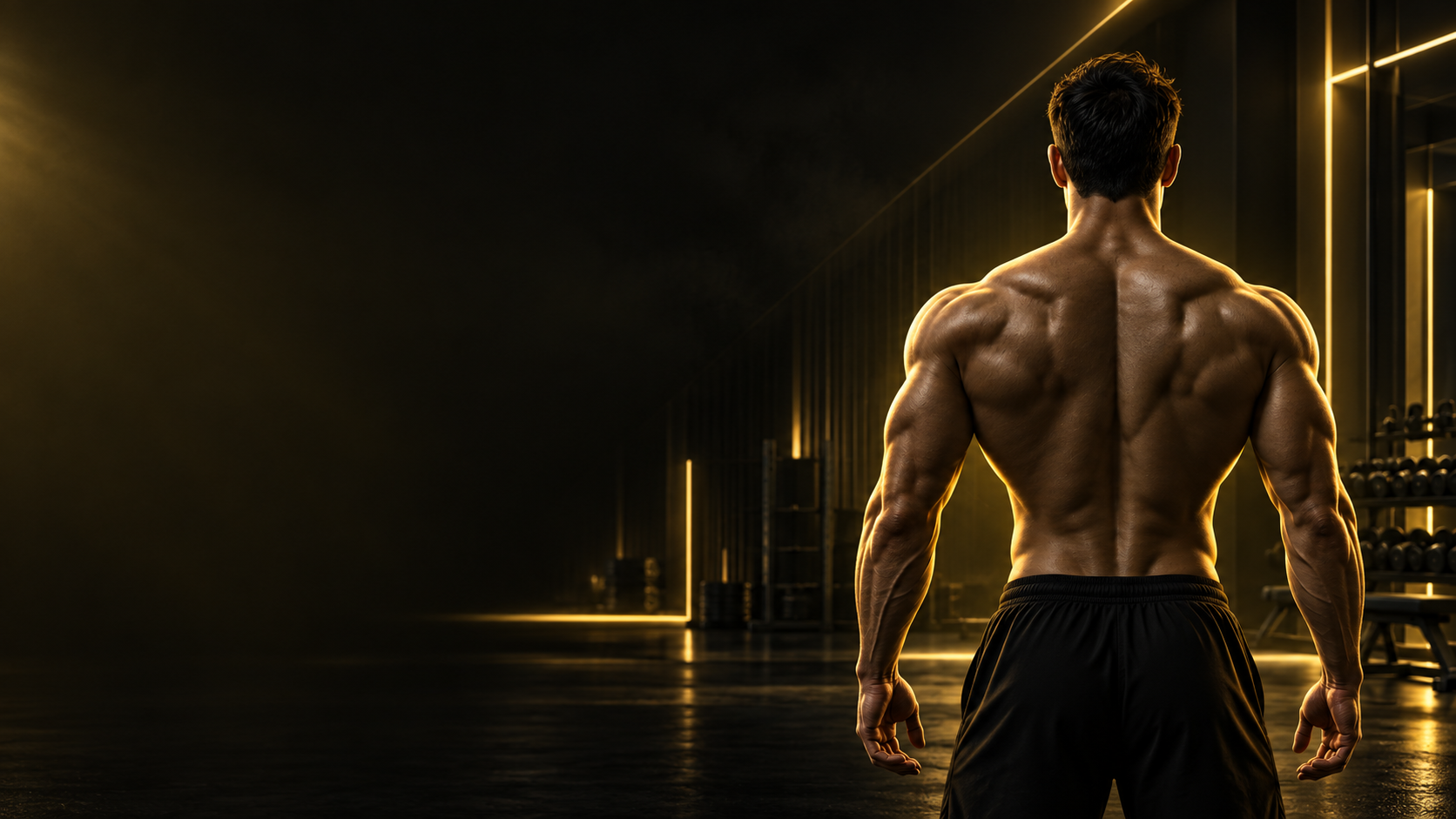Athletic male V-taper physique shown fully from head to hips in a black and gold gym
